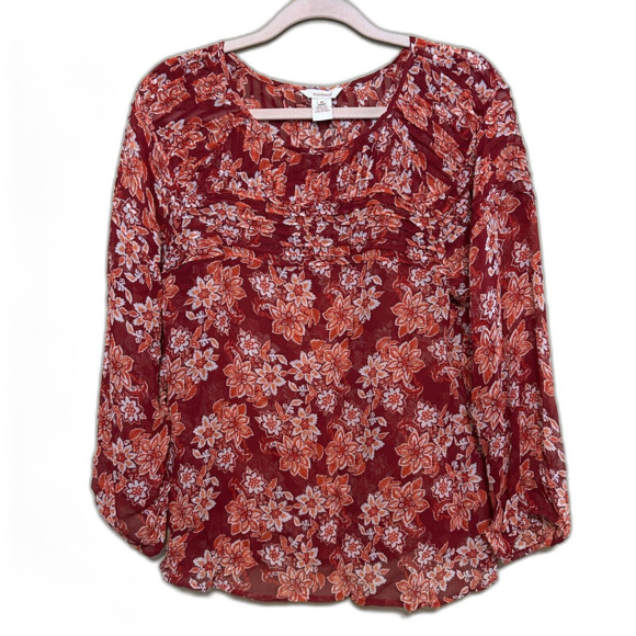 Sundance 100% Silk Floral Blouse Women Medium Red Semi Sheer Flowy Boho Romantic - Picture 1 of 6